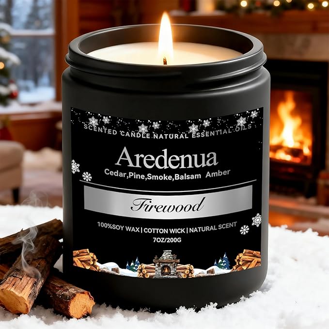 Firewood Candle – Winter Candles | Holiday Scented Candles, 7oz Jar Soy Candle for Home Scented - 50H Burn - Smoky Fireplace Cozy & Warm Scent, Aromatherapy Gifts for Women & Men, Rustic Holiday Décor