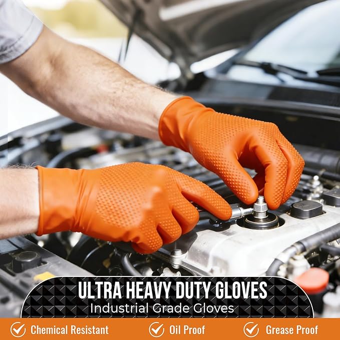 Heavy Duty 10 Mil Nitrile Disposable Gloves with Raised Diamond Texture, Latex-Free, Powder-Free, Extra Strong, Chemical Resistant, Durable for Mechanics, Industrial Work, Auto Repair, Large