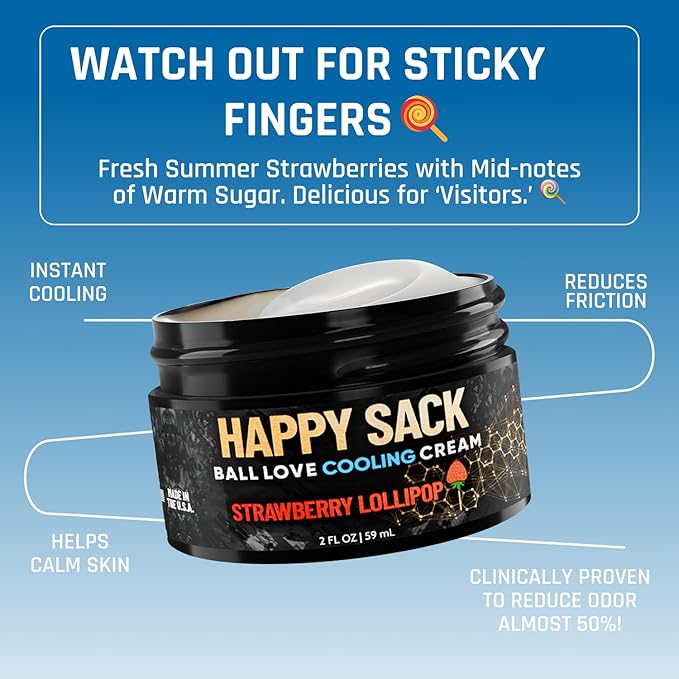 Derm Dude Happy Sack Ball Deodorant & Comfort Cream for Men | Anti-Chafing Sweat Defense, Odor Control, Aluminum-Free Deodorant & Hygiene Products for Men's Private Parts | 2oz (Strawberry)