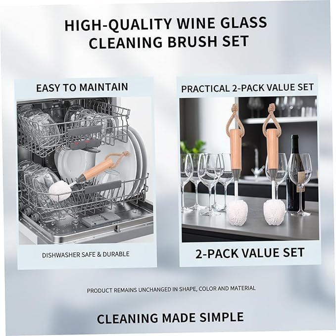 Gcroet Wine Glass Cleaner Set of 2 Non-Scratch Bristle Water Bottle Cleaning Brush with Wooden Handle Safe for Crystal, Champagne Flutes, and Stemware..