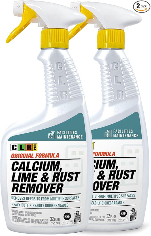 CLR PRO Calcium, Lime & Rust Remover, 32 oz. Spray Bottle, Pack of 2, Quickly Removes Calcium, Lime, Hard Water Deposits and Surface Rust Stains