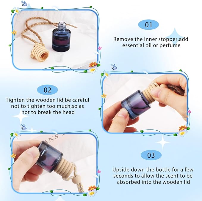 24 Pcs Black Car Hanging Air Fresheners Empty Glass Diffuser Bottles Pendant Perfume Bottle For Essential Oil Fragrance Aromatherapy Auto Interior Ornaments Decor (Cylinder-Black)