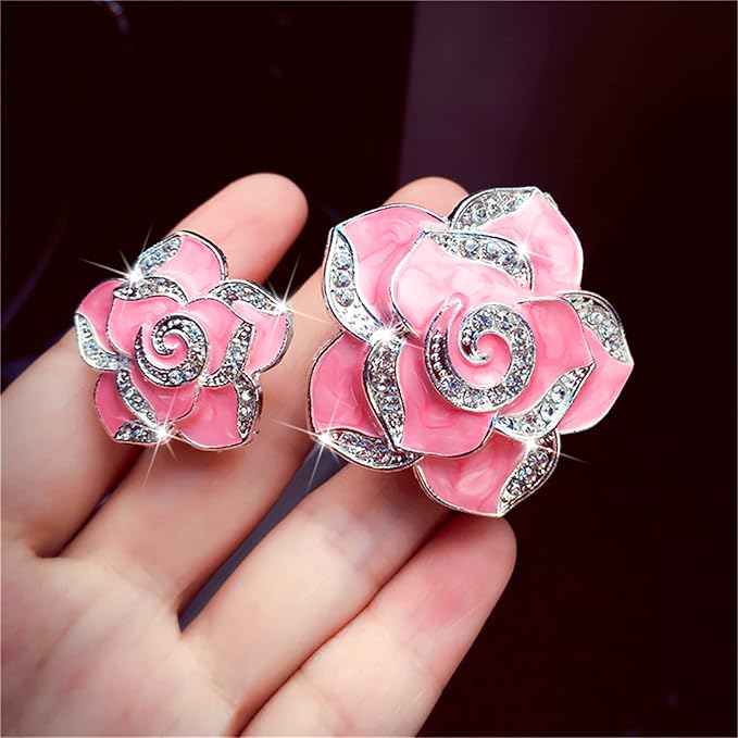 2 Pcs Camellia Air Vent Clips, Cute Flower Car Air Freshener Clip, Bling SUV Outlet Decorations, Crystal Rose Vent Diffuser, Charm Car Inter Decor Accessories for Women Girls