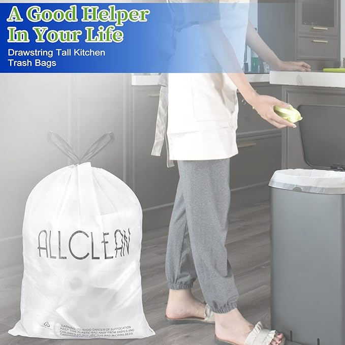 ALLCLEAN 10 Gallon Trash Bags, Ultra-Strong Unscented Heavy-Duty Medium Drawstring Garbage Bags, Bin Liners for Kitchen, Office, Yard, Bathroom Trash Cans (30 Count)