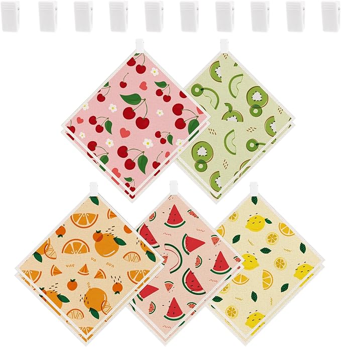 10PCS Swedish Dishcloths for Kitchen, Reusable Paper Towels Washable, Dish Rags for Washing Dishes with Clips, Non-Scratch Kitchen Towels and Dishcloths Sets, Dish Cloths, No Odor(Fruit)