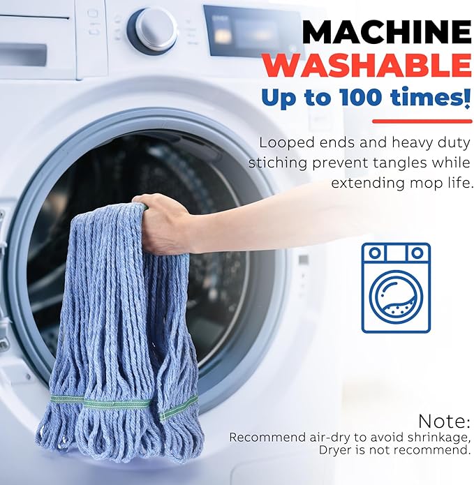 Onesimus 20 oz Mop Head Replacement, Industrial Mops for Floor Cleaning Heavy Duty 4-Ply Cotton Blend Looped End Wet Mop Refills 1.25 in Universal Headband Fit Most Handles, 6 Pack Large Blue