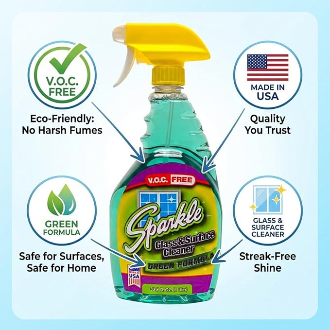 Sparkle Glass & Window Cleaner Spray, VOC-Free Eco Formula, Streak-Free Finish for Windows & Mirrors, 33.8 fl oz (Pack of 1)