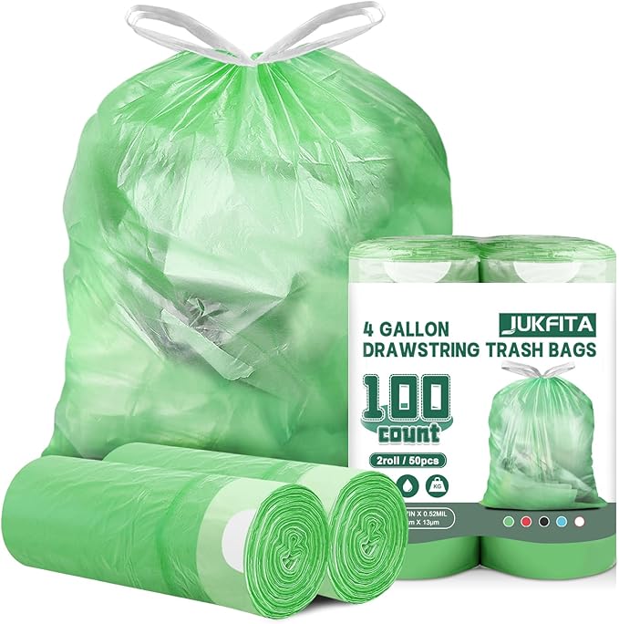4 Gallon Trash Bags Drawstring 100 Count, JUKFITA Strong Small Garbage Bag, Unscented Trash Can Liners for Bathroom Restroom Office Kitchen, Green