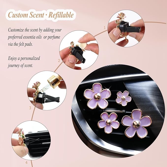 Cute Flowers Air Vent Clips Car Air Freshener,4pcs Purple Girly Daisy Flower Car Accessories for Women,Lavender Car Decorations Refillable Clips On Air Freshener