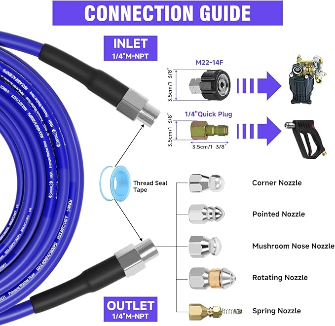NIFUAL 100FT Sewer Jetter Kit for Pressure Washer, 5800PSI Drain Cleaner Hose 1/4 Inch NPT Corner, Rotating and Button Hose Sewer Jetting Nozzle Waterproof Tape Pearl Corsage Pin Spanner Glove