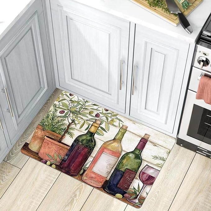 Waterproof Cushioned Kitchen Rugs PVC Leather, Non-Slip, Comfort Floor Mat for Kitchen Laundry Decor 3x5ft/36x60in (Wine Theme)
