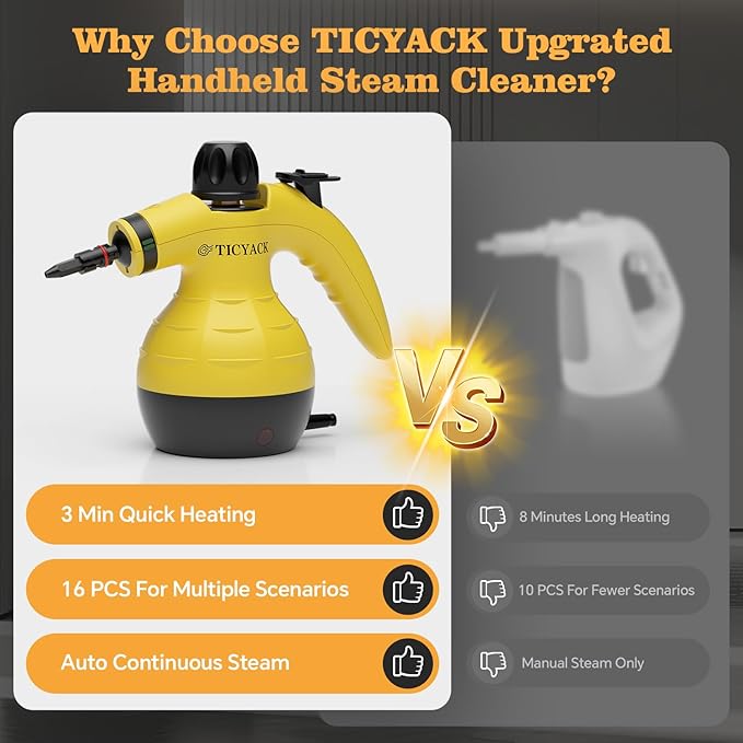 TICYACK Handheld Steam Cleaner, Steam Cleaner with 16 PCS Accessory & Safety Lock, Capacity, Multi-Surface Deep Cleaning for Home, Car, Bathroom, Grout, Floor, Window(Yellow)