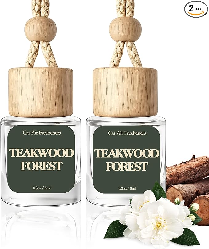 Car Air Freshener - Pack of 2 TeakWood Scent Hanging Car Air Diffuser - 0.27FL OZ/8ML Odor Eliminator - 60 Days Long Lasting Essential Oil Diffuser - Cars Accessories for Men & Women