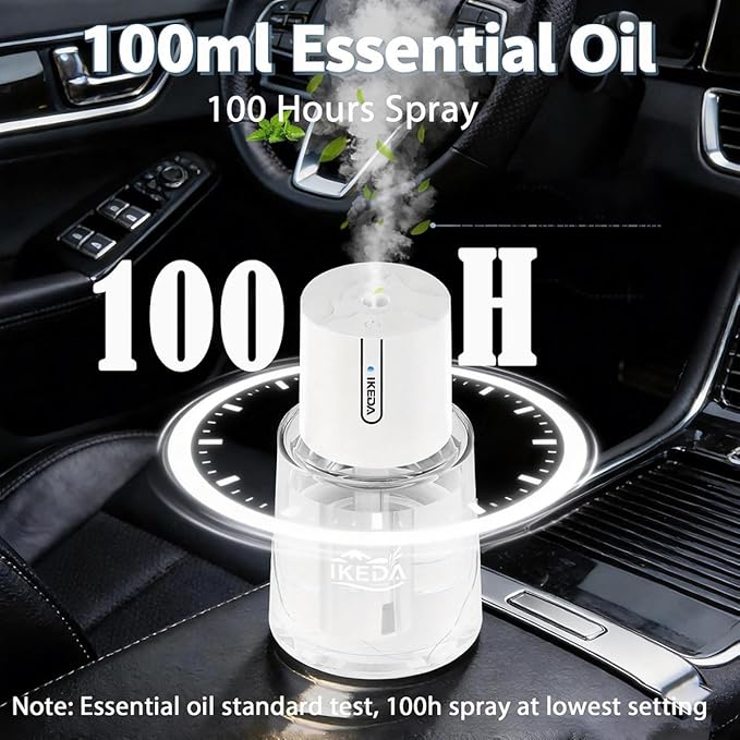 Ikeda Fragrance Smart Car Air Freshener,100ml Essential Oil Mist Aroma Machine, 3 Mode Mini Small Scent Spray for Truck & Car with Touch Switch, Automotive Aroma Diffuser for Gift(White, Milk-Aromas)