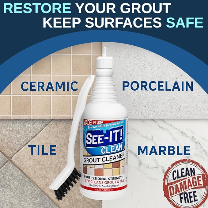SEE-IT! Grout & Tile Deep Cleaner Brightener & Heavy-Duty Stain Remover Acid-Free Safe for Ceramic, Porcelain, Marble, Stone - 32 fl. oz. with Hand Cleaning Brush