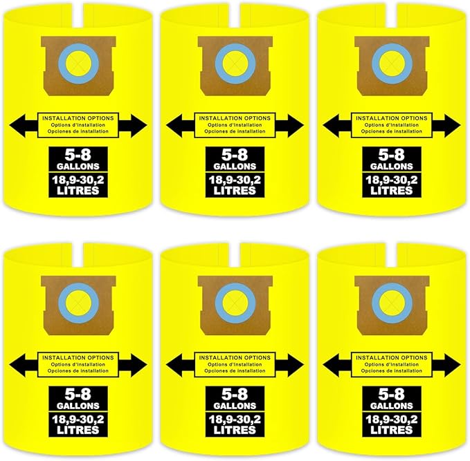 5-8 Gallon Bags for Shop Vac 5, 6, 8 Gallon, 90661, 90671, Type E, Type H, VF2004, VHBS, VDBS, 9066100, 9066133, 9067100 Vacuums, High-Efficiency Disposable Collection Filter Bag, Double Layer, 6 pack