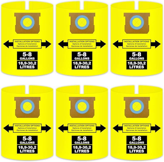 5-8 Gallon Bags for Shop Vac 5, 6, 8 Gallon, 90661, 90671, Type E, Type H, VF2004, VHBS, VDBS, 9066100, 9066133, 9067100 Vacuums, High-Efficiency Disposable Collection Filter Bag, Double Layer, 6 pack