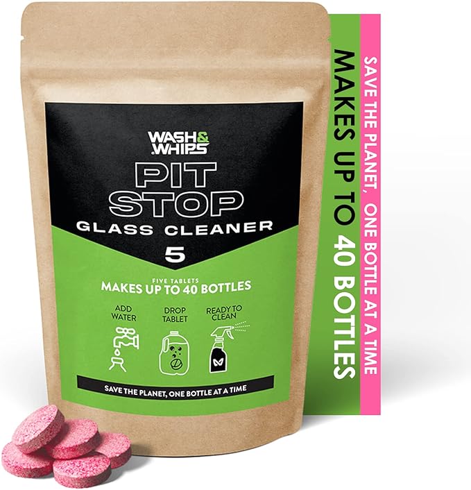 WASH&WHIPS Glass Cleaner Tablets (Makes 5 Gal/20L/40 Bottles) - Streak-Free, Cleans Glasses, Windows, Windshields - Car, Office, Home & Kitchen (5 count, Pink Tablets)