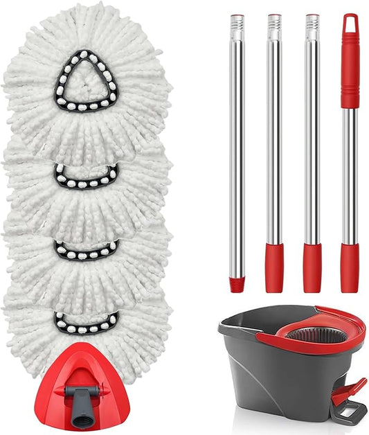 Spin Mop Accessory,Spin Mop Heads — 4 Replacement Heads & 1 Handle & 1 Triangle Base, Compatible with O-Cedar Easywring 1-Tank System,Machine Washable