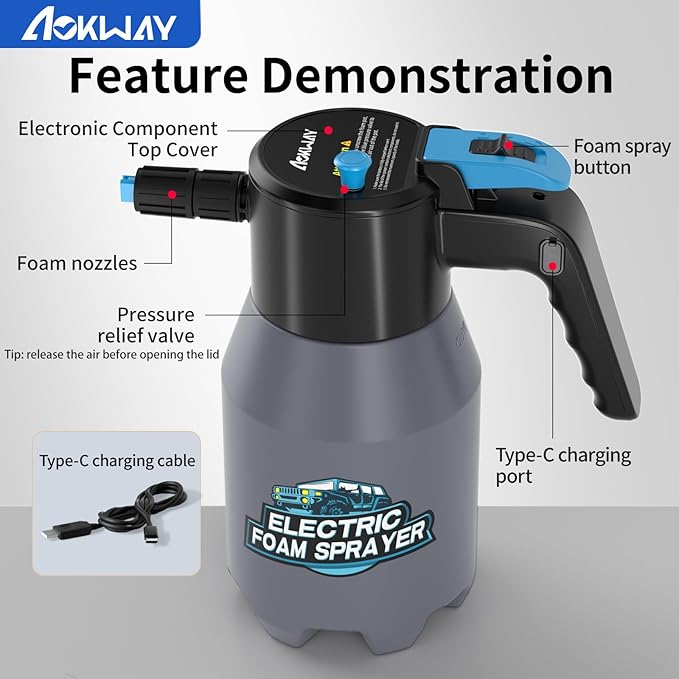 aokway Electric Foam Sprayer Car Wash, Pump Sprayer Battery Powered Rechargeable for Garden, Car Foam Sprayer for Cleaning Detailing Handheld Spray Foam Gun