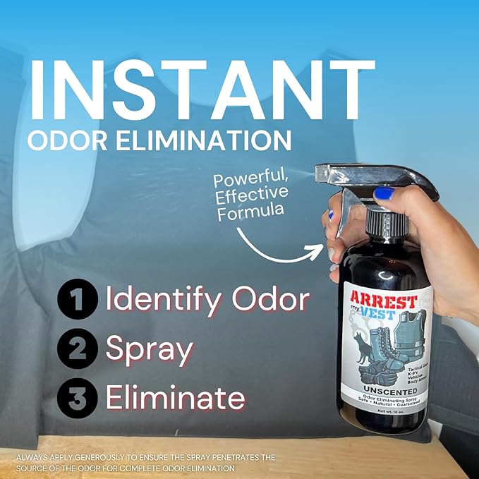 Arrest My Vest Military and Police Grade Odor Eliminating Spray for Body Armor Odor, Tactical Gear. Safe on K9's. Triple Pack of 3 Midnight 4 oz Bottles