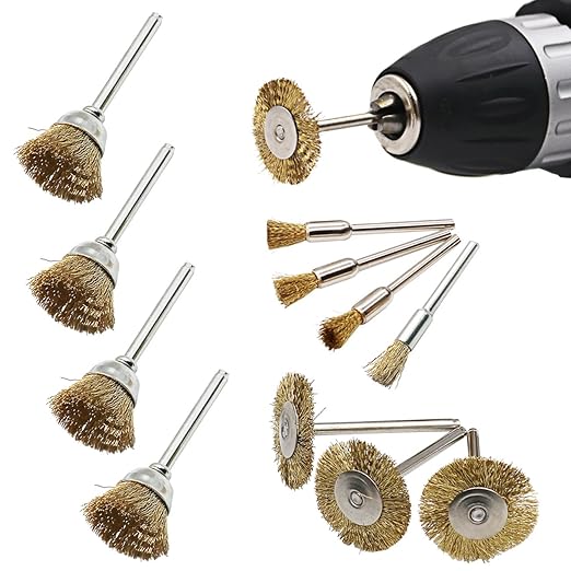 12 Pack Rotary Tool Brass Wire Brushes Set with 1/8 Inch Shank Rust Removal Wire Brush Wheel Kit for Dremel Cordless Rotary Tool Cleaning Corroded Metal Surface Aluminum Polish Paint Stripping