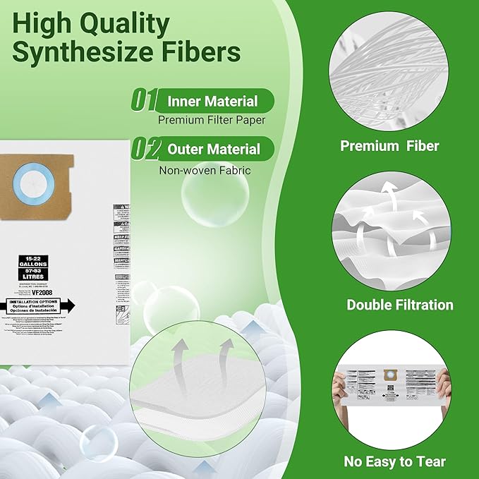 3 Pack Vacuum Bags Replacement for Shop Vac Bags 15-22 Gallon Type G 90663 9066300 Type J 90673 9067300 and VF2008, PETOX High-Efficiency Disposable Vaccum Collection Filter Bags