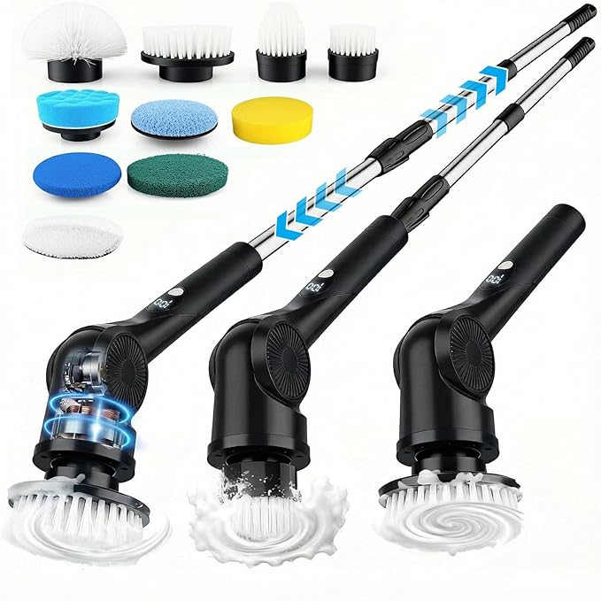 Electric Spin Scrubber, 3-Speed Cordless Shower Scrubber with 90° Adjustable & 10 Replaceable Brush Heads, 90 Mins Runtime & Full-Body IPX7 Waterproof Shower Cleaner Brush with Long Handle
