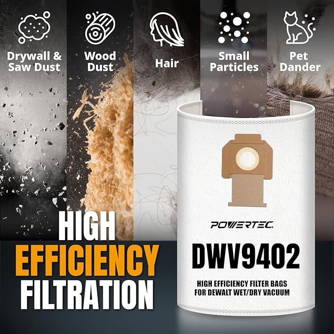 POWERTEC DWV9402 Fleece Bags for Dewalt 70PK, for Dewalt DWV010, DWV012, DWV015 8 & 10 Gallon Dust Extractor, Replacement Shop Vacuum Bags, Filter Bags for Dewalt (75029-Case14), Case of 70