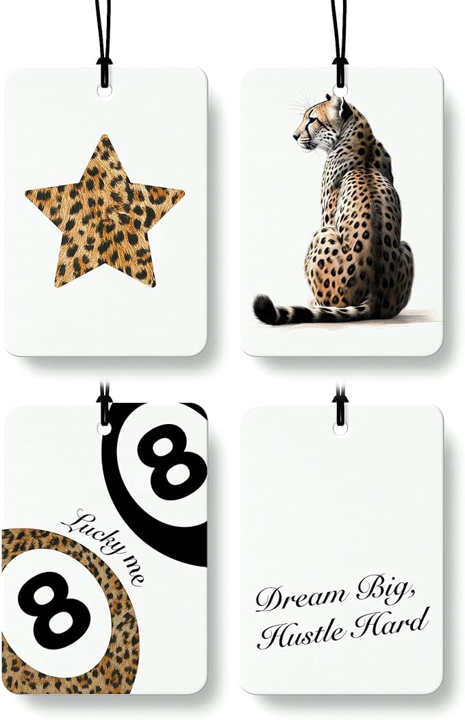 Trendy Retro Leopard Lucky 8 Ball Car Air Freshener 4 Pcs, Girly Cheetah Print Star Hanging Air Freshener for Cars Closet Drawer Books, Cute Girly Car Accessories Mirror Decor for Women
