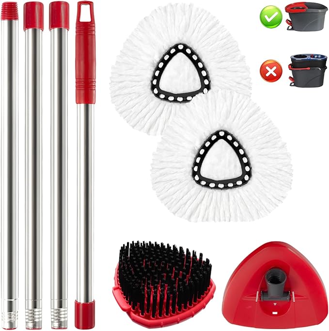 Spin Mop Replacement Set, Compatible with O-Ceda EasyWring 1-Tank Spin Mops 2 Microfiber Mop Head Refills, Adjustable 30–58 in Stainless Steel Handle, Scrubber Brush Head and Spin Base (M, Round)