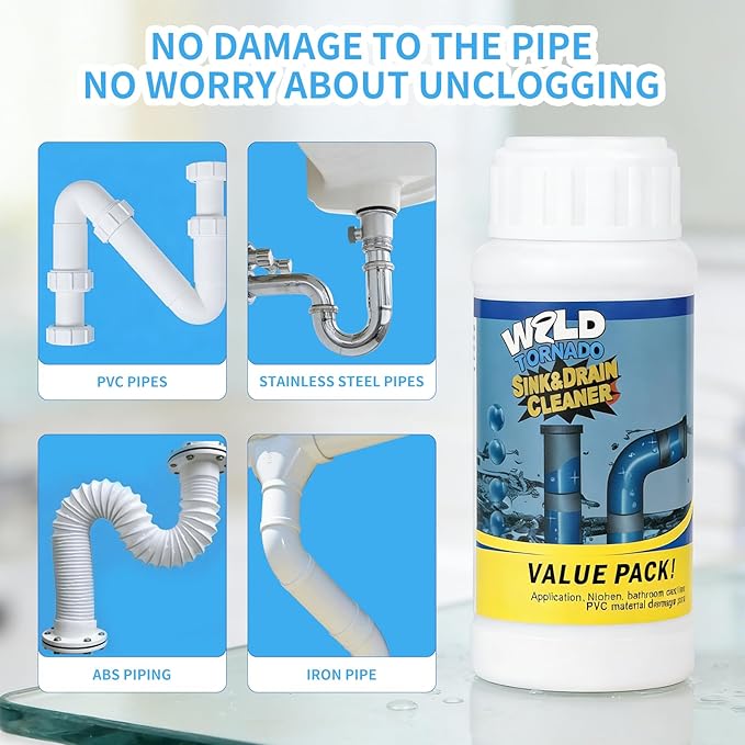 Wild Tornado Sink and Drain Cleaner, Wild Tornado Pipe Dredge, Powerful Sink and Drain Cleaner Powder, Fast Foaming for Kitchen Toilet Pipeline Quick Cleaning Tool (4PC)