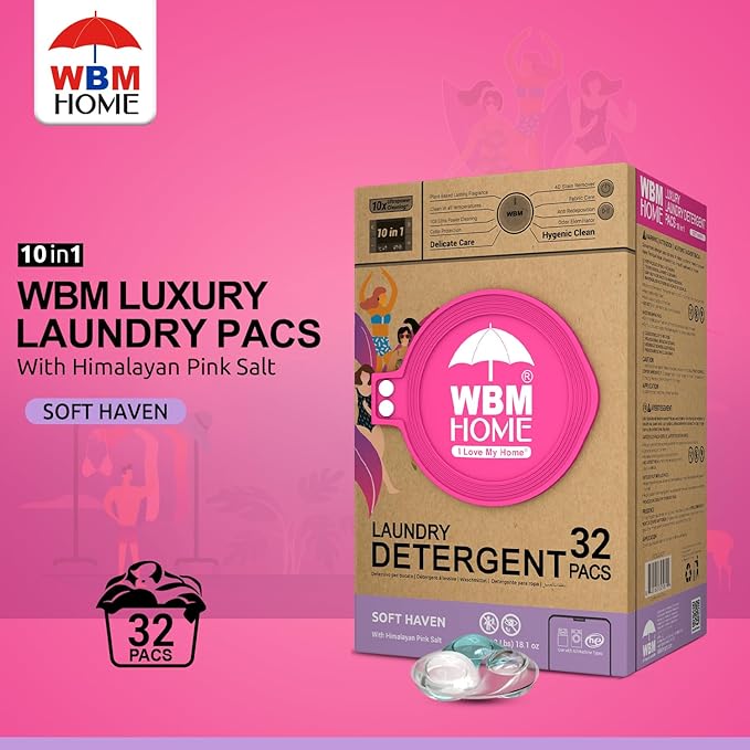 WBM Laundry Pods, 32 Count | Specially Designed for Undergarments With Soft Heaven Fragrance | Laundry Detergent Pods Formulated With Plant-Based Formula and Gentle Stain Remover