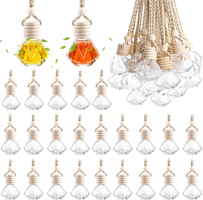 50 Pack Hanging Car Air Freshener Bottle Empty Essential Oil Diffuser Glass Bottles Perfume Aromatherapy Fragrance Pendant Diffuser Bottles Auto Ornaments Decor