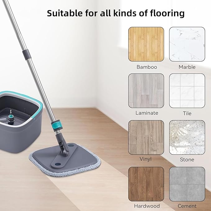 True & Tidy Spin Mop and Bucket System Deluxe with Silicone Sweeper Mop Head and 4 Machine Washable Microfiber Mop Pads