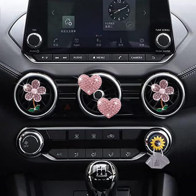 Bling Pink Daisy Car Air Fresheners with 4 Heart Vents Clips for Women's Carr deco + Mask Hook