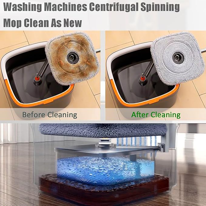 Spin Mop and Bucket Set with Self Separation Dirty and Clean Water System, Self Wringing 360° Rotating Square Mop-Head for Hardwood Tile Marble Floors(Mop Set and 1 Pads)