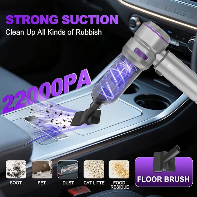 Handheld Car Vacuum Cordless, 22000PA Strong Suction Mini Vacuum Cleaner with Brushless Motor, 4-in-1 Portable Vacuum for Car Detailing, Home, Office & Travel, Silver Purple
