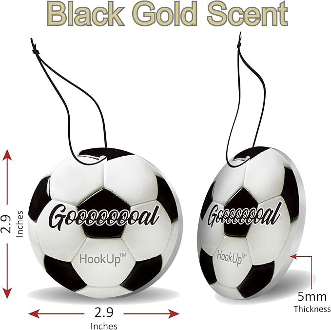 Soccer Car Air Freshener by HookUp - 10 Pack - Black Gold Scent (Extra Strong) | Unique Soccer Gift for Players, Coach, Fans | Hanging Car Accessory with Long Lasting Fresheners Smell