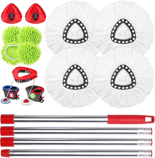 Chenille Mop Heads Replacements 4 Pcs & 4 White Mircofiber &1 Brush Head & 2 Base & 1 Set Handle for Ocedar Easywring 1-Tank System,Reusable Microfiber Spin Mop Replacement Head for Floor Cleaning