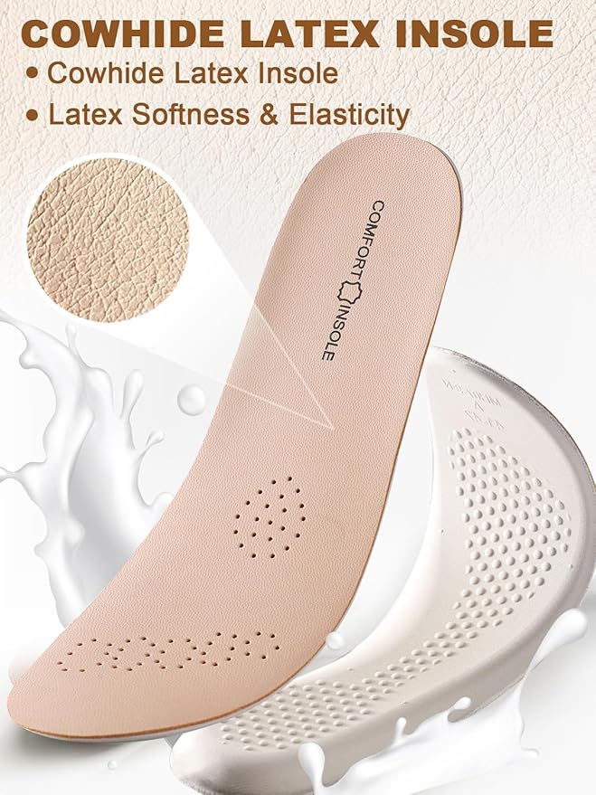 Leather Sockless Shoe Insoles for Men, Thin Dress Work Boots Inserts - Shock Absorption, Anti Sweat & Anti-Odor, for Athletic Shoes, Leather Shoes & Business Shoes(Peach-Beige, Women 6-7 .5)