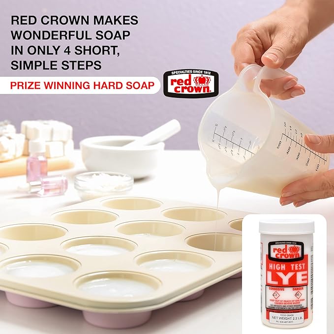 RED CROWN The Boyer Corporation Lye for Soap Making, Sodium Hydroxide Pure High Test Food Grade Lye, Caustic Soda, Drain Cleaner and Clog Remover, 4 Pack 2.2 lbs