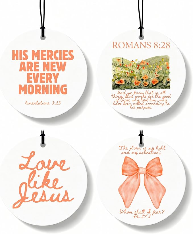 Orange Christian Round Car Air Freshener 4 Pcs, Coquette Orange Bow Religious Hanging Air Freshener for Cars Closet Drawer Books, Christian Girly Car Accessories Mirror Decor for Women