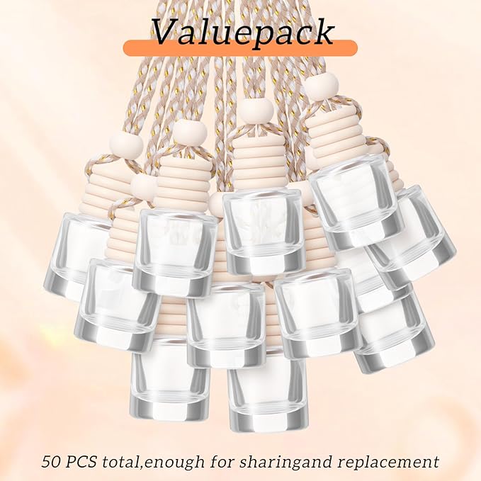 50 Pcs Hanging Car Air Freshener Car Diffuser Bottles Empty Glass Perfume Bottles Freshener Diffuser Bottle Pendant for Essential Oil Fragrance Aromatherapy Bottle Ornament (Cylinder)