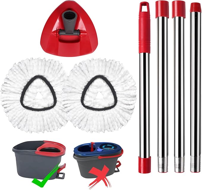 Mop Replace Heads Mop Handle Base Replacement Compatible with O Cedar EasyWring 1-Tank Spin Mops System, 2 Microfiber Mops Head Refills, 4-Section Handle 30-58in and 1 Cover Set(No Bucket)