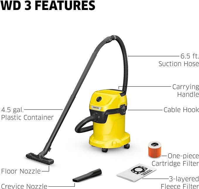 Kärcher Shop Vacuum WD 3, 4.5 Gal, 2.8 Peak HP, 26 ft Reach, Wet Dry Vacuum Cleaner, Blower Function, Crevice Tool, Floor Nozzle, Great for Car Cleaning