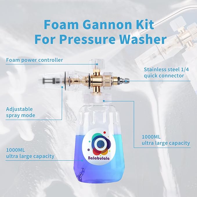 Foam Cannon with Dual Connector, Balabulala Dual Connector Foam Cannon with 5000PSI Pressure Washer Gun,7 Nozzles, 1/4" Quick Connect