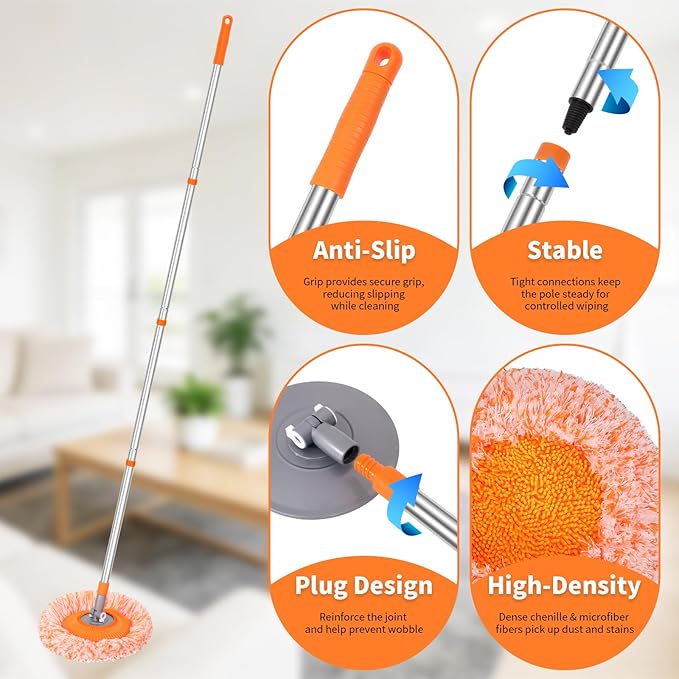Wall Mop for Painted Walls, Wall Cleaner Mop with 104''/ 62" Long Handle, Dry Mop for Wall Floor Ceiling Cleaning, 2 Reusable Pads (Orange)