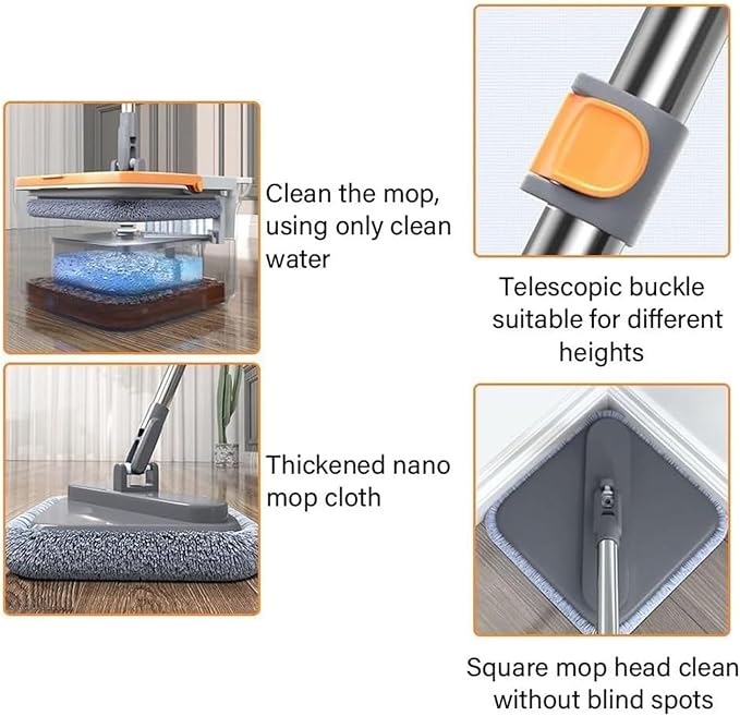Walbest Spin Mop with Bucket, 360 Degree Rotatable Self Wash Square Mop Clean/Dirty Water Separation System Adjustable Handle Mops for Wet and Dry Dual-use Grey B