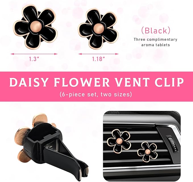 6PCS Car Air Vent Clip, Daisy Flower Auto Scents Air Freshener Clip with 6 Fragrance Piece, Decorative Auto Air Conditioning Clip for Women Girl, Universal Car Accessories (Black)